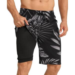 imageAPTRO 2 in 1 Mens Swim Trunks 9quot with Zipper Pockets Bathing Suit Builtin Board Shorts Swimwear Long ShortsBlackpalm