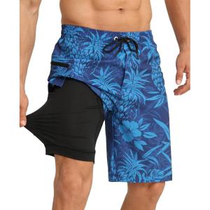 imageAPTRO 2 in 1 Mens Swim Trunks 9quot with Zipper Pockets Bathing Suit Builtin Board Shorts Swimwear Long ShortsBluepineapple
