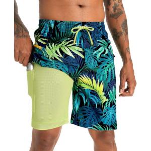 imageAPTRO 2 in 1 Mens Swim Trunks 9quot with Zipper Pockets Bathing Suit Builtin Board Shorts Swimwear Long ShortsBs01 Palm Green