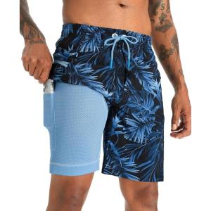 imageAPTRO 2 in 1 Mens Swim Trunks 9quot with Zipper Pockets Bathing Suit Builtin Board Shorts Swimwear Long ShortsBs03 Palm Blue