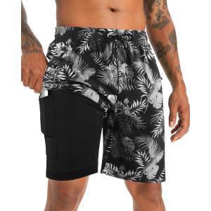 imageAPTRO 2 in 1 Mens Swim Trunks 9quot with Zipper Pockets Bathing Suit Builtin Board Shorts Swimwear Long ShortsBs07 Black White Palm