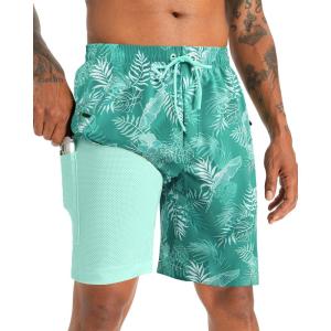 imageAPTRO 2 in 1 Mens Swim Trunks 9quot with Zipper Pockets Bathing Suit Builtin Board Shorts Swimwear Long ShortsBs07 Green White Palm