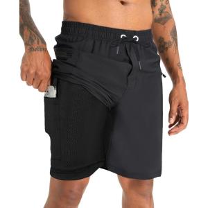 imageAPTRO 2 in 1 Mens Swim Trunks 9quot with Zipper Pockets Bathing Suit Builtin Board Shorts Swimwear Long ShortsBs08 Black