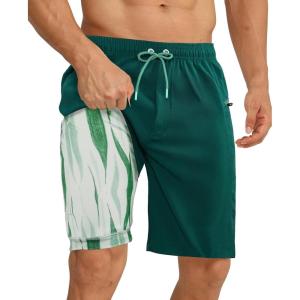 imageAPTRO 2 in 1 Mens Swim Trunks 9quot with Zipper Pockets Bathing Suit Builtin Board Shorts Swimwear Long ShortsBs14 Green
