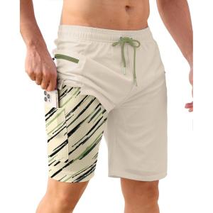 imageAPTRO 2 in 1 Mens Swim Trunks 9quot with Zipper Pockets Bathing Suit Builtin Board Shorts Swimwear Long ShortsBs15 Light Khaki