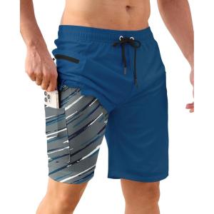 imageAPTRO 2 in 1 Mens Swim Trunks 9quot with Zipper Pockets Bathing Suit Builtin Board Shorts Swimwear Long ShortsBs17 Peacock Blue