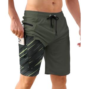 imageAPTRO 2 in 1 Mens Swim Trunks 9quot with Zipper Pockets Bathing Suit Builtin Board Shorts Swimwear Long ShortsBs18 Army Green