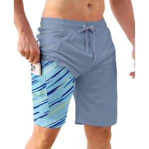imageAPTRO 2 in 1 Mens Swim Trunks 9quot with Zipper Pockets Bathing Suit Builtin Board Shorts Swimwear Long ShortsBs19 Gray Blue