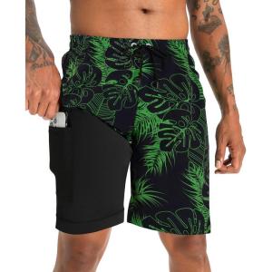 imageAPTRO 2 in 1 Mens Swim Trunks 9quot with Zipper Pockets Bathing Suit Builtin Board Shorts Swimwear Long ShortsGreen Leaf