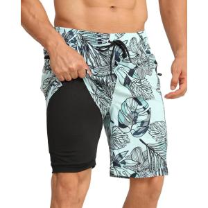 imageAPTRO 2 in 1 Mens Swim Trunks 9quot with Zipper Pockets Bathing Suit Builtin Board Shorts Swimwear Long ShortsLight Greenfloral