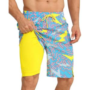 imageAPTRO 2 in 1 Mens Swim Trunks 9quot with Zipper Pockets Bathing Suit Builtin Board Shorts Swimwear Long ShortsLightning