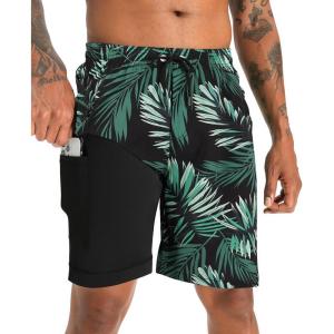 imageAPTRO 2 in 1 Mens Swim Trunks 9quot with Zipper Pockets Bathing Suit Builtin Board Shorts Swimwear Long ShortsPalm Green