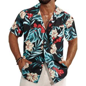 imageAPTRO Mens Hawaiian Shirt Short Sleeve Tropical Vacation Button Down Beach Floral Palm ShirtsFloralblack