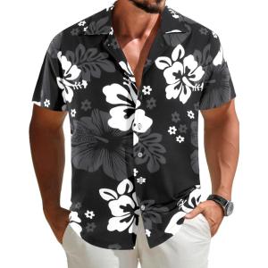 imageAPTRO Mens Hawaiian Shirt Short Sleeve Tropical Vacation Button Down Beach Floral Palm ShirtsHibiscus Black