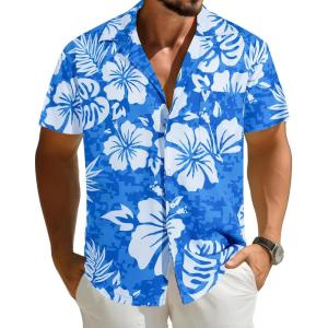 imageAPTRO Mens Hawaiian Shirt Short Sleeve Tropical Vacation Button Down Beach Floral Palm ShirtsHibiscus Blue