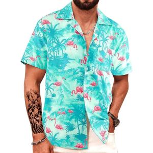 imageAPTRO Mens Hawaiian Shirt Short Sleeve Tropical Vacation Button Down Beach Floral Palm ShirtsHw023 Flamingogreen