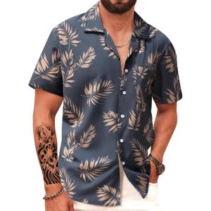 imageAPTRO Mens Hawaiian Shirt Short Sleeve Tropical Vacation Button Down Beach Floral Palm ShirtsMonstera Grey