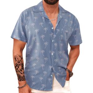 imageAPTRO Mens Hawaiian Shirt Short Sleeve Tropical Vacation Button Down Beach Floral Palm ShirtsN26 Palm Grey