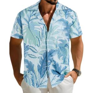 imageAPTRO Mens Hawaiian Shirt Short Sleeve Tropical Vacation Button Down Beach Floral Palm ShirtsPalm Blue 01