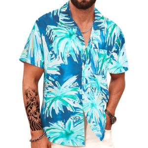 imageAPTRO Mens Hawaiian Shirt Short Sleeve Tropical Vacation Button Down Beach Floral Palm ShirtsPalm Green