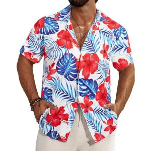 imageAPTRO Mens Hawaiian Shirt Short Sleeve Tropical Vacation Button Down Beach Floral Palm ShirtsRedblue Leaves