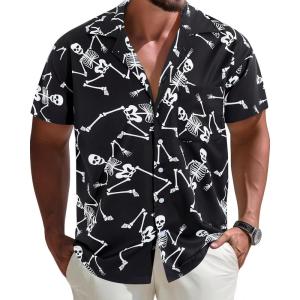 imageAPTRO Mens Hawaiian Shirt Short Sleeve Tropical Vacation Button Down Beach Floral Palm ShirtsSkeleton