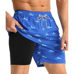 imageAPTRO Mens Swim Trunks with Compression Liner 5 Inch Bathing Suit Beach SwimsuitsH3shark Blue