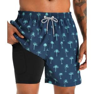 imageAPTRO Mens Swim Trunks with Compression Liner 5 Inch Bathing Suit Beach SwimsuitsH4green Palmnavy