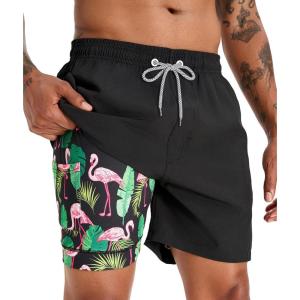 imageAPTRO Mens Swim Trunks with Compression Liner 5 Inch Bathing Suit Beach SwimsuitsI2 Black Flamingo