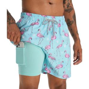 imageAPTRO Mens Swim Trunks with Compression Liner 5 Inch Bathing Suit Beach SwimsuitsI6 Blue Flamingo