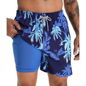 imageAPTRO Mens Swim Trunks with Compression Liner 5 Inch Bathing Suit Beach SwimsuitsM01 Palm Blue