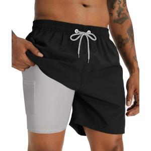 imageAPTRO Mens Swim Trunks with Compression Liner 5 Inch Bathing Suit Beach SwimsuitsM5black Grey