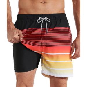 imageAPTRO Mens Swim Trunks with Compression Liner 5 Inch Bathing Suit Beach SwimsuitsStripes Red