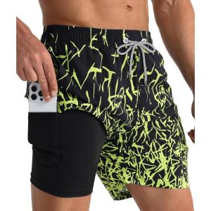 imageAPTRO Mens Swim Trunks with Compression Liner 5 Inch Bathing Suit Beach SwimsuitsYellow