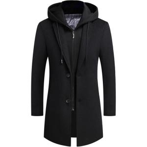 imageAPTRO Mens Wool Trench Coat Winter Hoodie Coat Premium Business Wool JacketHoodie Black