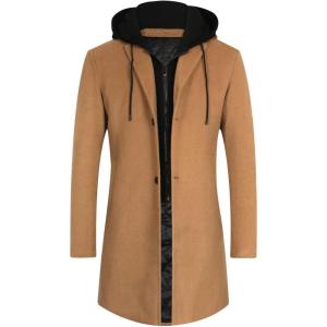 imageAPTRO Mens Wool Trench Coat Winter Hoodie Coat Premium Business Wool JacketHoodie Camel