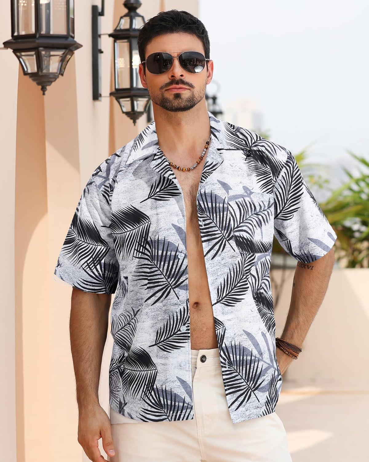 imageAPTRO Mens Hawaiian Shirt Short Sleeve Tropical Vacation Button Down Beach Floral Palm ShirtsM7 Palm Black  White