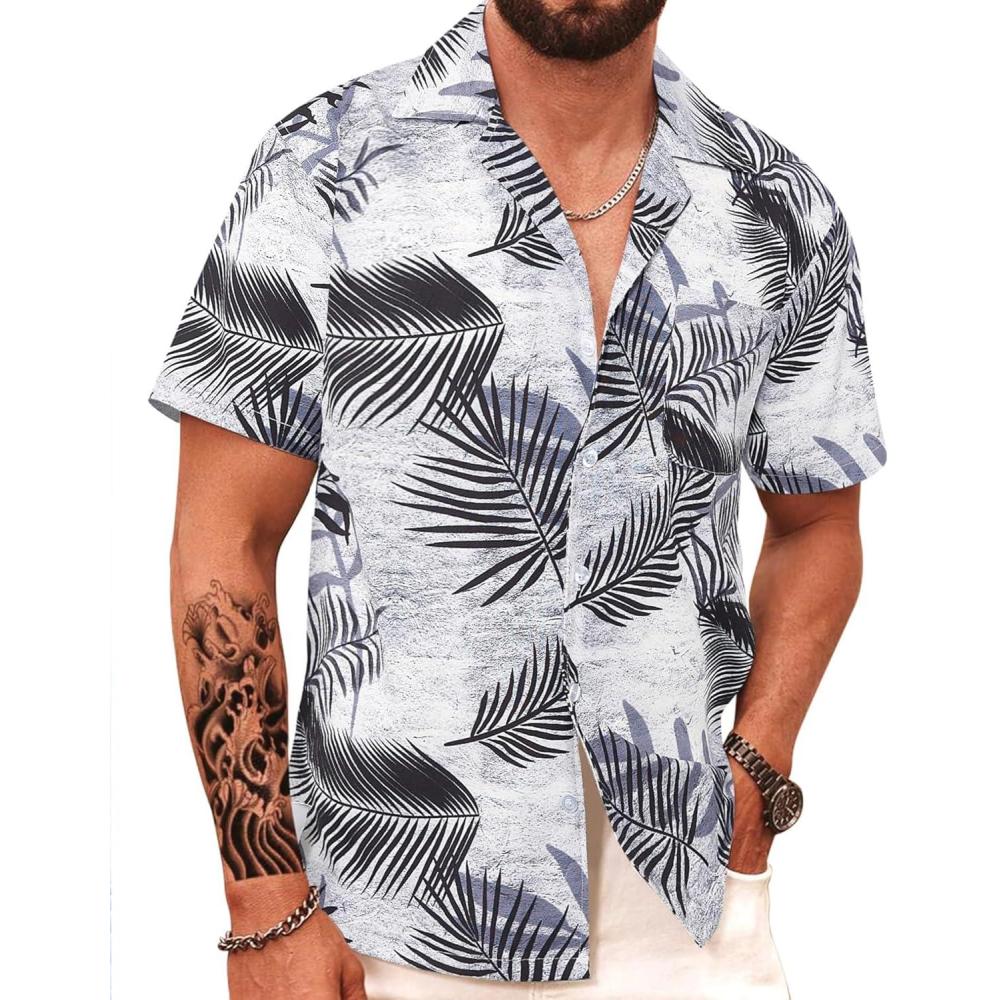 imageAPTRO Mens Hawaiian Shirt Short Sleeve Tropical Vacation Button Down Beach Floral Palm ShirtsM7 Palm Black  White