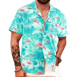 imageAPTRO Mens Hawaiian Shirt Short Sleeve Tropical Vacation Button Down Beach Floral Palm ShirtsHw023 Flamingogreen