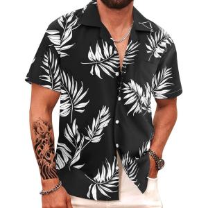 imageAPTRO Mens Hawaiian Shirt Short Sleeve Tropical Vacation Button Down Beach Floral Palm ShirtsHw024monstera Black