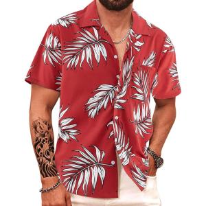 imageAPTRO Mens Hawaiian Shirt Short Sleeve Tropical Vacation Button Down Beach Floral Palm ShirtsHw024monstera Red