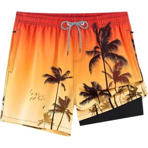 imageAPTRO Mens Swim Trunks Bathing Suit with Compression Liner Board Shorts Beach 5 inch Swimsuit 2 in 1 Swimwear Zipper PocketsLr03 Coconut Tree Orange