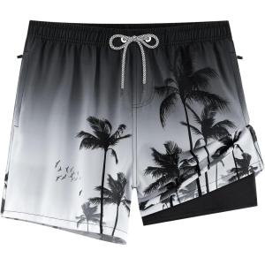 imageAPTRO Mens Swim Trunks Bathing Suit with Compression Liner Board Shorts Beach 5 inch Swimsuit 2 in 1 Swimwear Zipper PocketsLr04 Coconut Tree Black