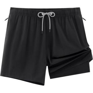 imageAPTRO Mens Swim Trunks Bathing Suit with Compression Liner Board Shorts Beach 5 inch Swimsuit 2 in 1 Swimwear Zipper PocketsLr09 Black