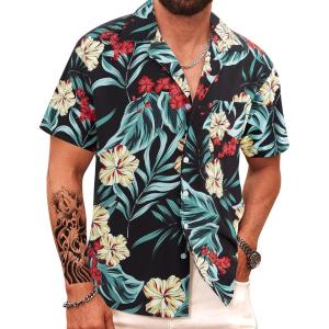imageAPTRO Mens Hawaiian Shirt Short Sleeve Tropical Vacation Button Down Beach Floral Palm ShirtsFloralblack