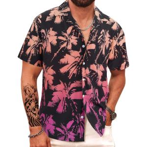 imageAPTRO Mens Hawaiian Shirt Short Sleeve Tropical Vacation Button Down Beach Floral Palm ShirtsGradientleaf