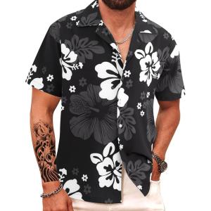 imageAPTRO Mens Hawaiian Shirt Short Sleeve Tropical Vacation Button Down Beach Floral Palm ShirtsHibiscus Black