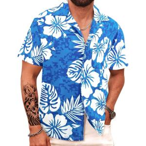 imageAPTRO Mens Hawaiian Shirt Short Sleeve Tropical Vacation Button Down Beach Floral Palm ShirtsHibiscus Blue
