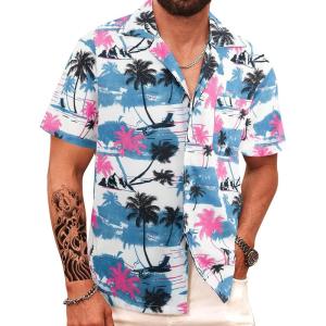 imageAPTRO Mens Hawaiian Shirt Short Sleeve Tropical Vacation Button Down Beach Floral Palm ShirtsHw028 Palm Blue