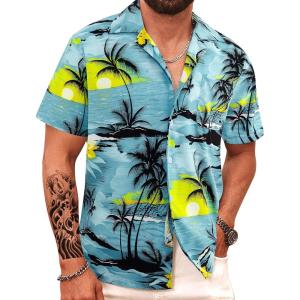 imageAPTRO Mens Hawaiian Shirt Short Sleeve Tropical Vacation Button Down Beach Floral Palm ShirtsPalm Cream Green